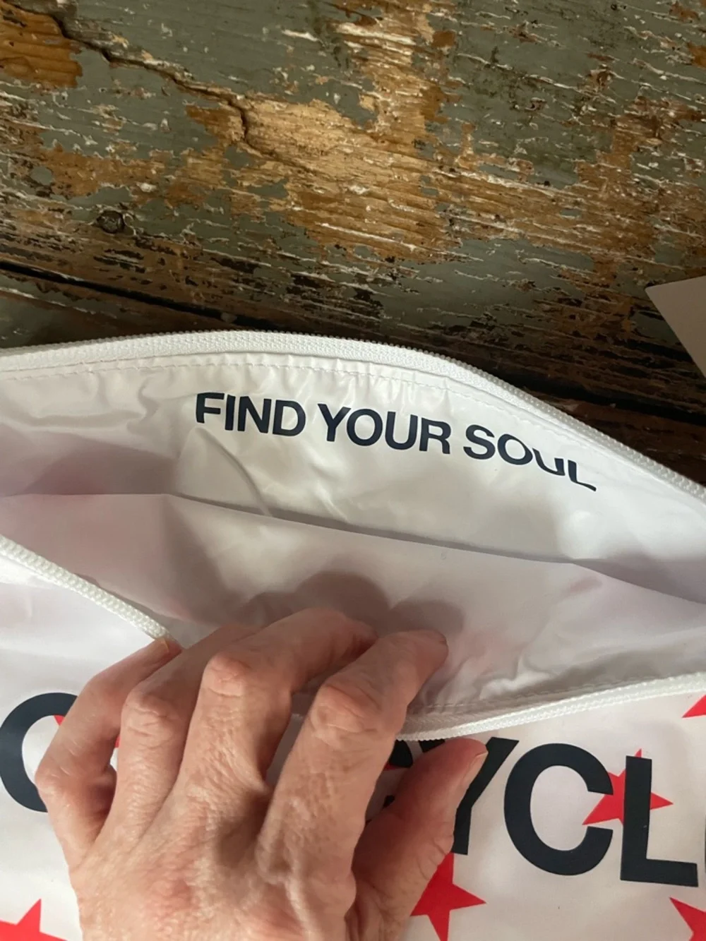soulcycle White Pouch with Red Stars and Navy Logo